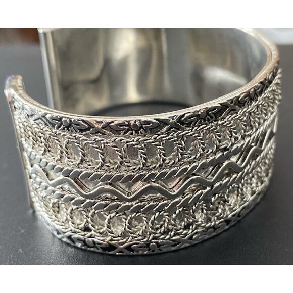 Silver Plate Heavy Filagree Covered Open Cuff Bracelet - Picture 5 of 9